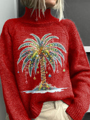 Lovely Christmas Palm Tree Art Print Knit Turtleneck Pullover Sweater