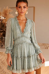 Ruffle Bishop Sleeve Leopard V Neck Beach Chiffon Dress