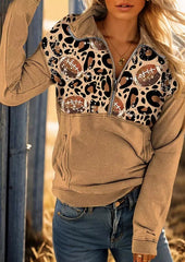 Leopard Soccer Glitter Zipper Pocket Turn-Down Collar Sweatshirt