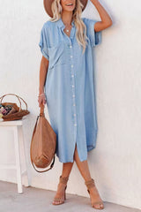 Button Down Split Hem Patch Pocket Denim Dress