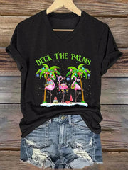 Deck The Palms Flamingo Tropical Christmas Lights Palm Tree Print T-Shirt
