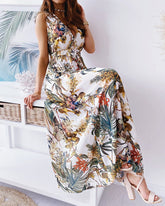 Floral Print V-Cut Back Tie Waist Maxi Dress