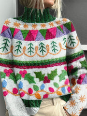 Vintage ChristmasTree Print Knit Turtleneck Pullover Sweater