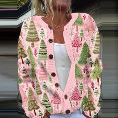 Christmas Tree Print Long Sleeved Casual Knitted Cardigan
