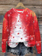 Casual Red Christmas Tree Print Long Sleeve Sweatshirt