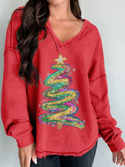 Christmas Print Long Sleeve V-neck Comfortable Cotton Shirt