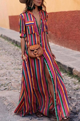 Casual Striped Patchwork Turndown Collar Printed Dress Dresses(4 Colors)