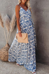 Fashion Bohemian Print Frenulum V Neck A Line Maxi Dresses