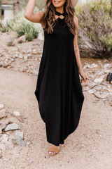 Casual Loose Solid Color Pocket Cross Collar Maxi Dress
