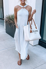 Casual Loose Solid Color Pocket Cross Collar Maxi Dress