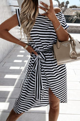 Casual Striped Split Joint O Neck Irregular Midi Dresses