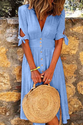 Fashion Casual Solid Patchwork V Neck A Line Dresses