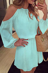 Fashion Street Solid Patchwork O Neck Pleated Dresses(5 Colors)