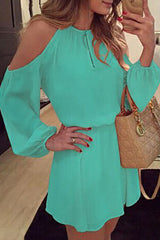 Fashion Street Solid Patchwork O Neck Pleated Dresses(5 Colors)