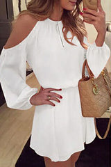 Fashion Street Solid Patchwork O Neck Pleated Dresses(5 Colors)