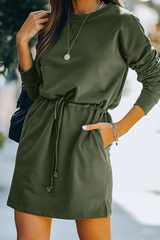 Fashion Elegant Solid Draw String Frenulum O Neck Dresses