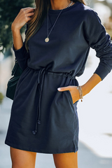 Fashion Elegant Solid Draw String Frenulum O Neck Dresses