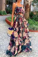 Fashion Street Print Patchwork Spaghetti Strap Sleeveless Two Pieces