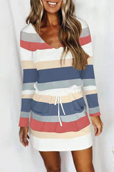 Casual Color Lump Frenulum V Neck Waist Skirt Dresses(6 Colors)