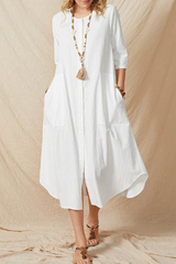 Casual Solid Pocket Buckle O Neck A Line Dresses