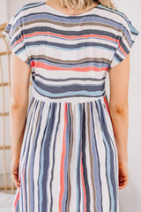 Casual Striped Patchwork Pocket O Neck A Line Dresses