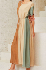 Casual Color Lump With Belt Contrast O Neck Dresses