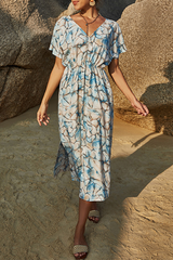 Casual Print Slit V Neck Waist Skirt Dresses