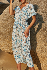 Casual Print Slit V Neck Waist Skirt Dresses