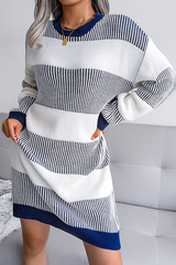 Elegant Striped Split Joint Contrast O Neck Dresses Sweater (Without Belt)