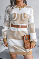 Elegant Striped Split Joint Contrast O Neck Dresses Sweater (Without Belt)
