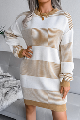 Elegant Striped Split Joint Contrast O Neck Dresses Sweater (Without Belt)