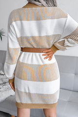 Elegant Striped Split Joint Contrast O Neck Dresses Sweater (Without Belt)