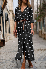 Casual Polka Dot Buckle Slit Turndown Collar Shirt Dress Dresses (Without Belt)