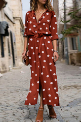Casual Polka Dot Buckle Slit Turndown Collar Shirt Dress Dresses (Without Belt)