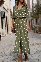 Casual Polka Dot Buckle Slit Turndown Collar Shirt Dress Dresses (Without Belt)