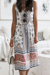 Casual Floral Patchwork Frenulum V Neck A Line Dresses