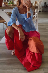 Casual Patchwork Flounce Contrast Square Collar Cake Skirt Dresses