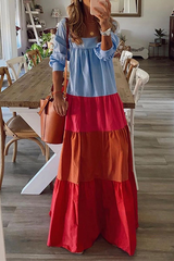 Casual Patchwork Flounce Contrast Square Collar Cake Skirt Dresses