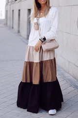 Casual Patchwork Flounce Contrast Square Collar Cake Skirt Dresses