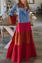 Casual Patchwork Flounce Contrast Square Collar Cake Skirt Dresses