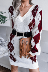 Casual Geometric Split Joint Contrast V Neck Dresses Sweater (Without Belt)