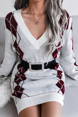 Casual Geometric Split Joint Contrast V Neck Dresses Sweater (Without Belt)