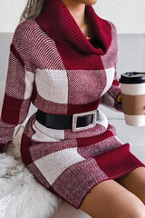 Casual Plaid Split Joint Contrast Turtleneck Pencil Skirt Dresses Sweater (Without Belt)