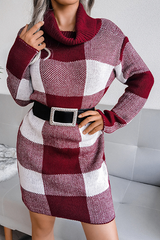 Casual Plaid Split Joint Contrast Turtleneck Pencil Skirt Dresses Sweater (Without Belt)