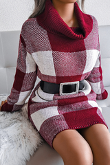 Casual Plaid Split Joint Contrast Turtleneck Pencil Skirt Dresses Sweater (Without Belt)