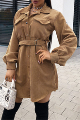Fashion British Style Solid Pocket Buckle With Belt Turndown Collar Dresses