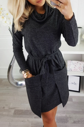 Casual Solid Pocket With Belt Irregular Dress Dresses(3 Colors)