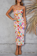 Fashion Elegant Floral Frenulum Fold Spaghetti Strap Pencil Skirt Dresses