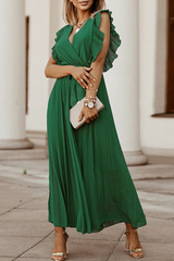 Elegant Solid Flounce Strap Design V Neck Pleated Dresses(6 Colors)