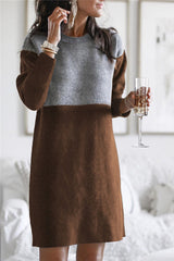 Fashion Patchwork Solid Patchwork O Neck Long Sleeve Dresses(5 Colors)